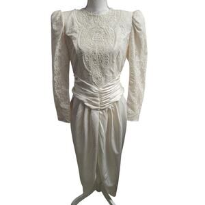 Vintage 80s Scott McClintock ivory wedding dress lace puff sleeve tulip hem